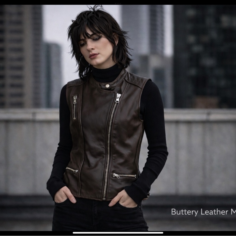 Moto Leather Vest Maison Scotch Dark Brown Fitted Zip Minimalist Edgy Layering
